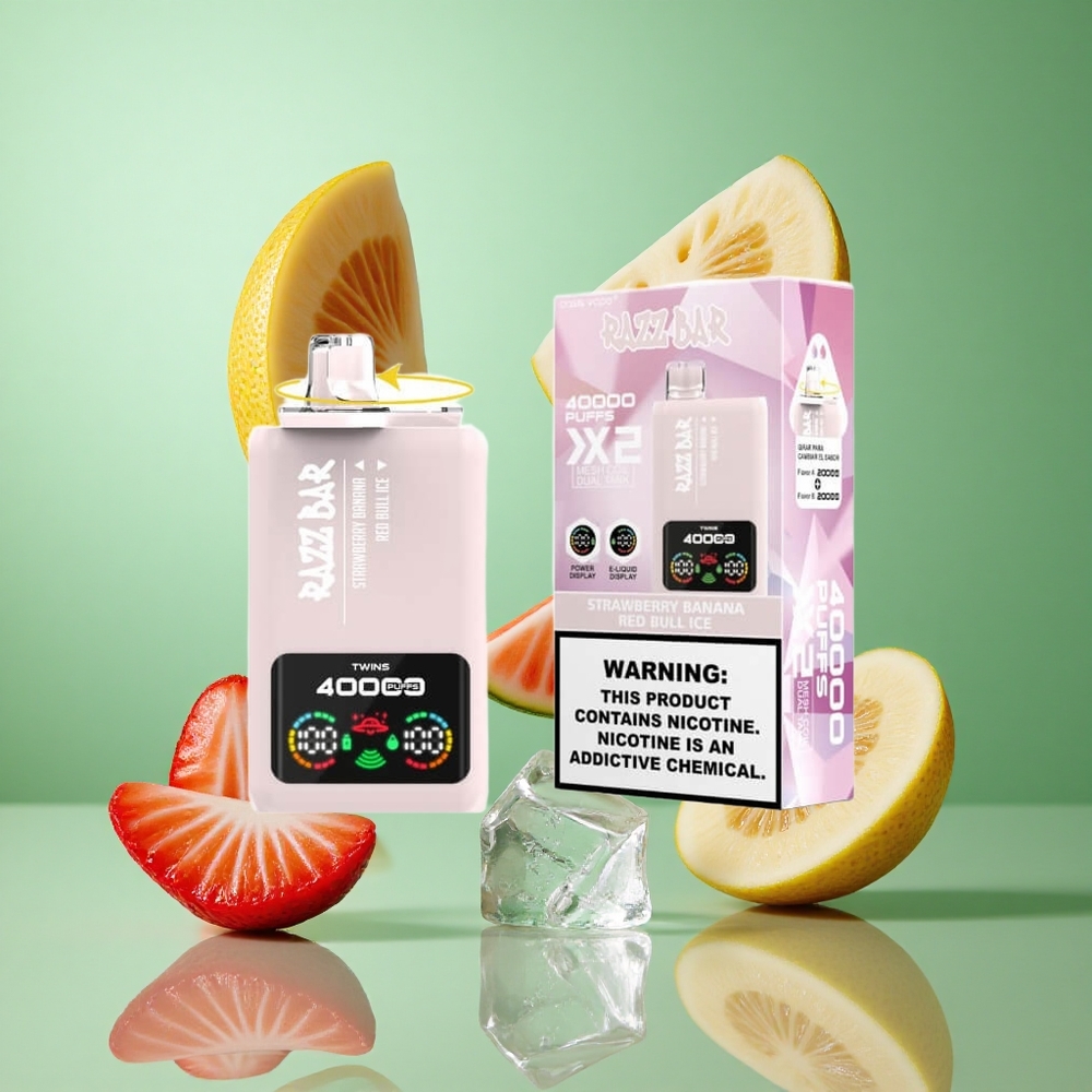 Razz Bar 40000 פאפים תות בננה רד בול אייס Israel vape מציג מסך כוח תוכן ניקוטין 2%,5%