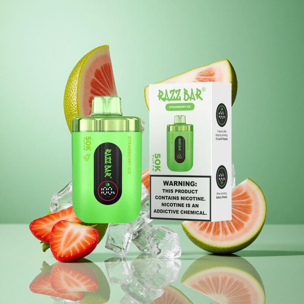Razz Bar 50K פאפים תות וקרח ישראל vape עם סוללת 650mAh ותוכן ניקוטין 2%